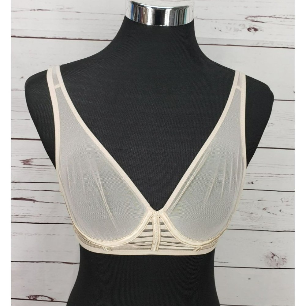 Victoria's Secret 32c unlined Plunge Bra tan sheer VERY SEXY Long Line Plunge Br